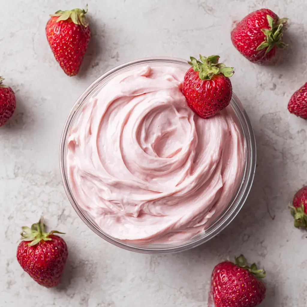 Scattered fresh strawberries around a small glass bowl of thick pink strawberry cream cheese frosting on a gray concrete surface.