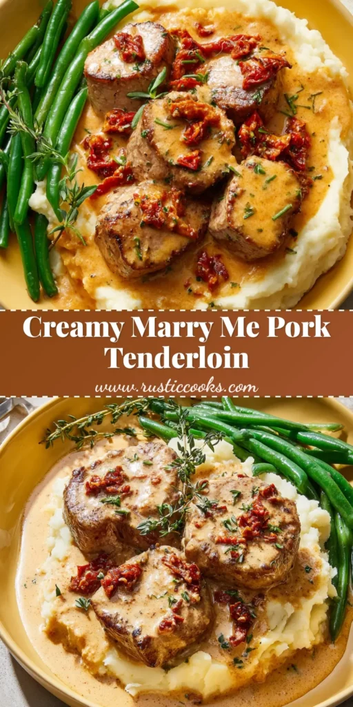 A matte yellow plate filled with fluffy mashed potatoes, seared Marry Me Pork Tenderloin medallions coated in a thick, light-orange sun-dried tomato sauce, and a side of steamed green beans.