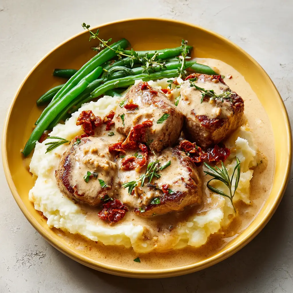 Close-up view of golden-brown seared pork tenderloin smothered in a rich, creamy sauce with specks of chopped sun-dried tomatoes and basil.