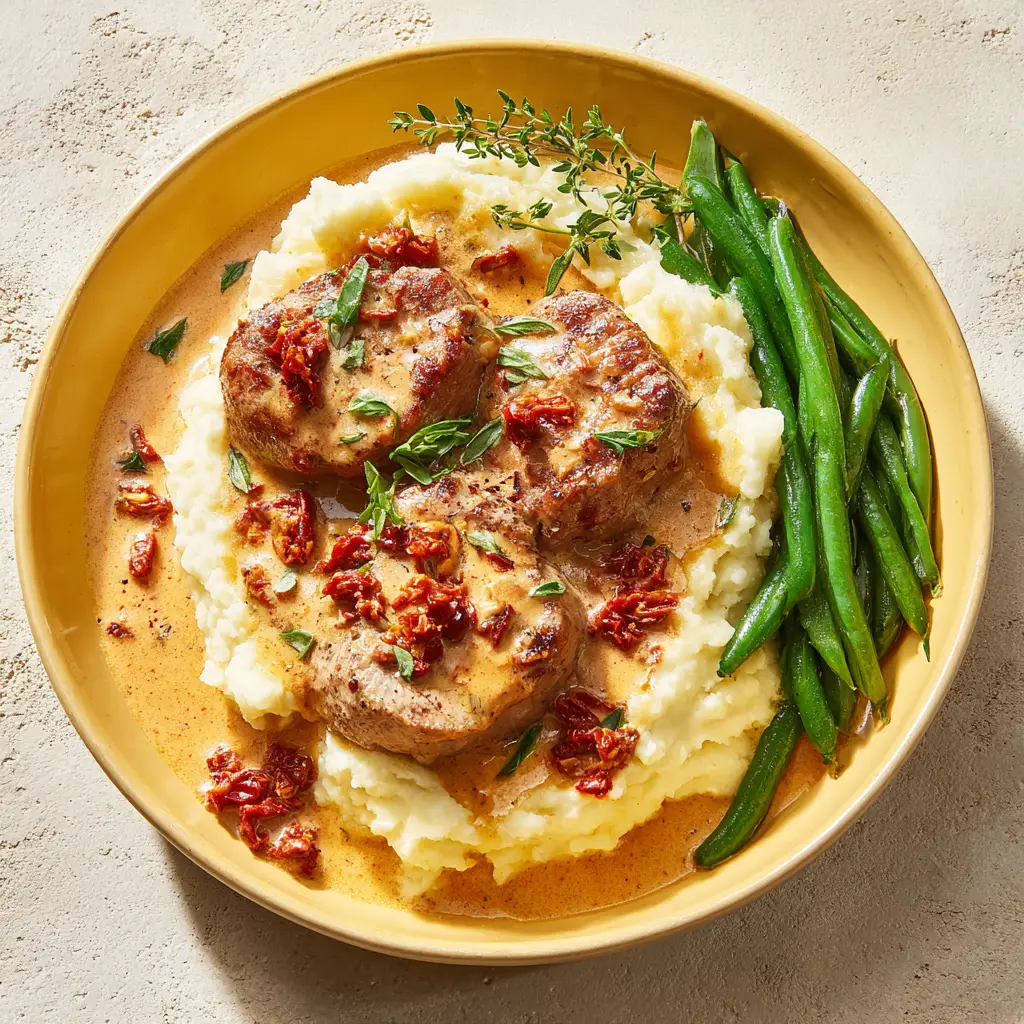 Rustic tabletop view of Marry Me Pork Tenderloin garnished with fresh thyme sprigs and surrounded by a hearty portion of green beans.