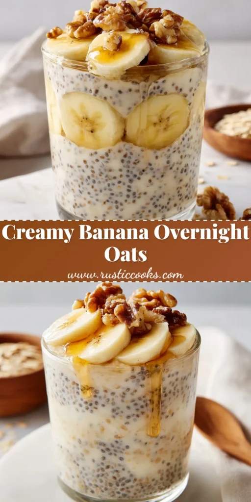A clear glass cup filled with creamy Banana Overnight Oats, topped with pale-yellow banana slices, halved walnuts, and a drizzle of maple syrup.