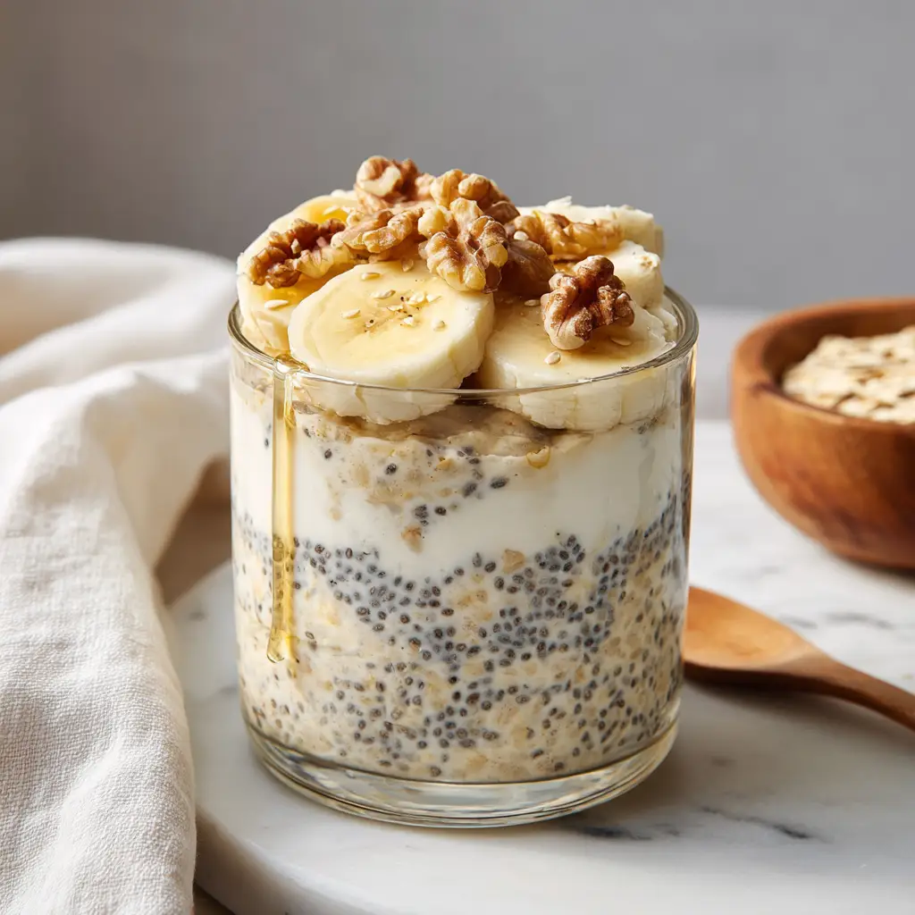 Mixing rolled oats and black chia seeds in a clear glass cup to create thick and creamy overnight oats.