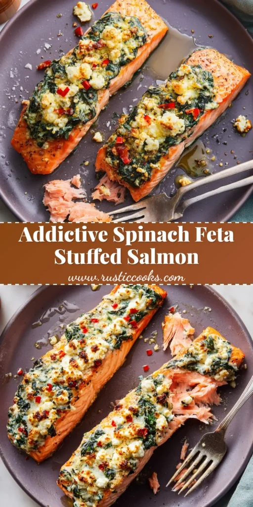 An overhead view of flaky baked stuffed salmon with creamy feta, wilted spinach, and chopped red chili on a dark mauve plate.