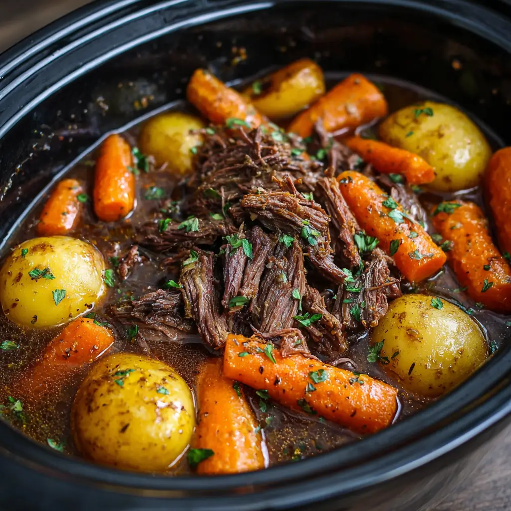 Chunky-cut bright orange carrots and whole skin-on golden potatoes resting next to slow-cooked shredded venison garnished with parsley.