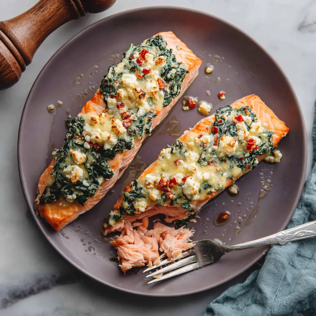 Close up shot of two baked salmon fillets generously filled with spinach and cheese mixture.