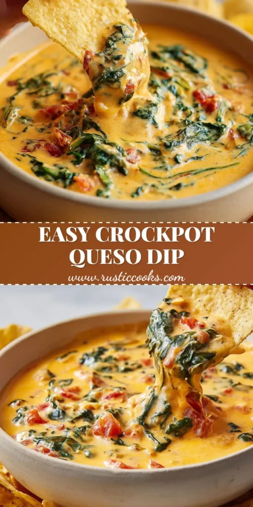 A thick, creamy, melted orange-yellow Slow Cooker Queso Spinach Dip scooped onto a crisp yellow corn tortilla chip.