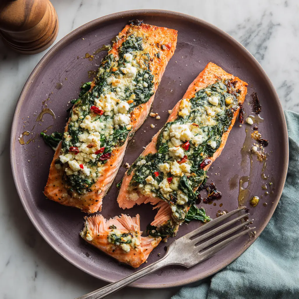 A silver fork flaking off a piece of moist baked stuffed salmon to reveal the tender interior.