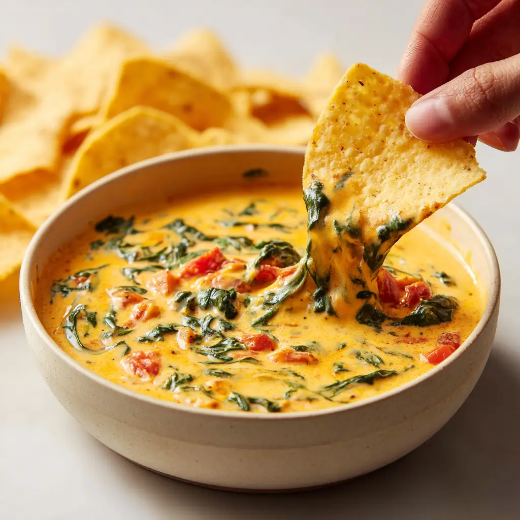 A simple, shallow, off-white ceramic bowl filled with thick, creamy Slow Cooker Queso Spinach Dip, swirled with green spinach and red tomatoes.