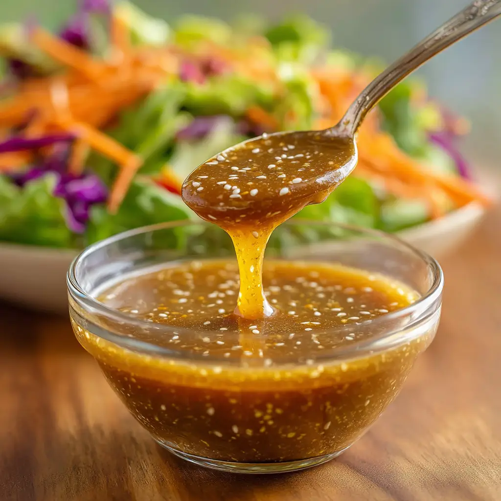 Close-up of thick, opaque, medium-brown Asian sesame dressing flecked with white sesame seeds being drizzled from a silver spoon into a clear glass bowl.