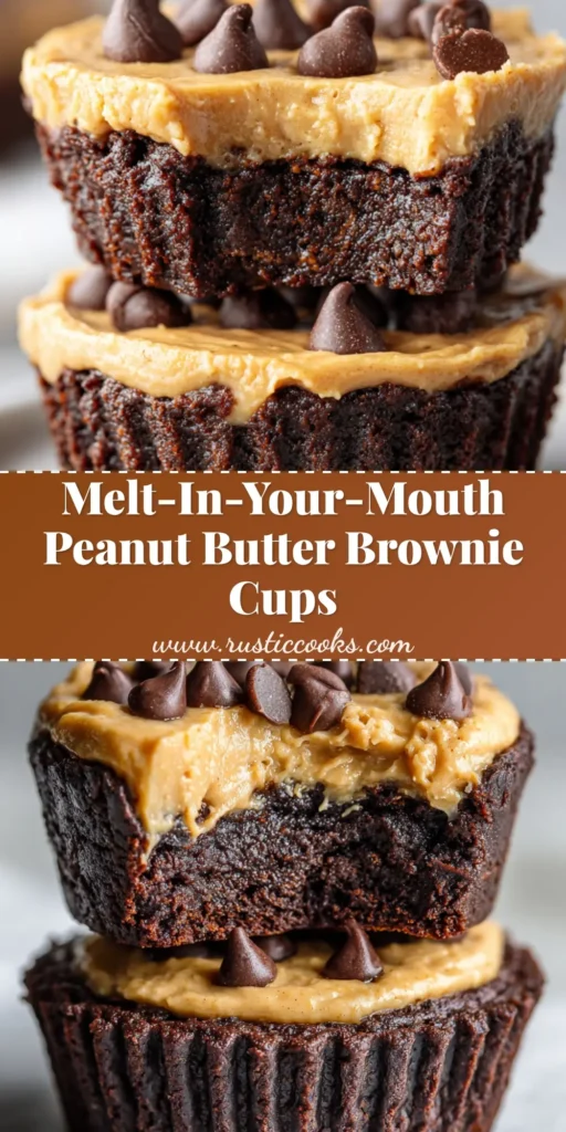 A close-up of a dark, fudgy chocolate Peanut Butter Brownie Cup baked in a fluted paper, topped with an opaque layer of light-brown peanut butter and scattered semi-sweet chocolate chips.