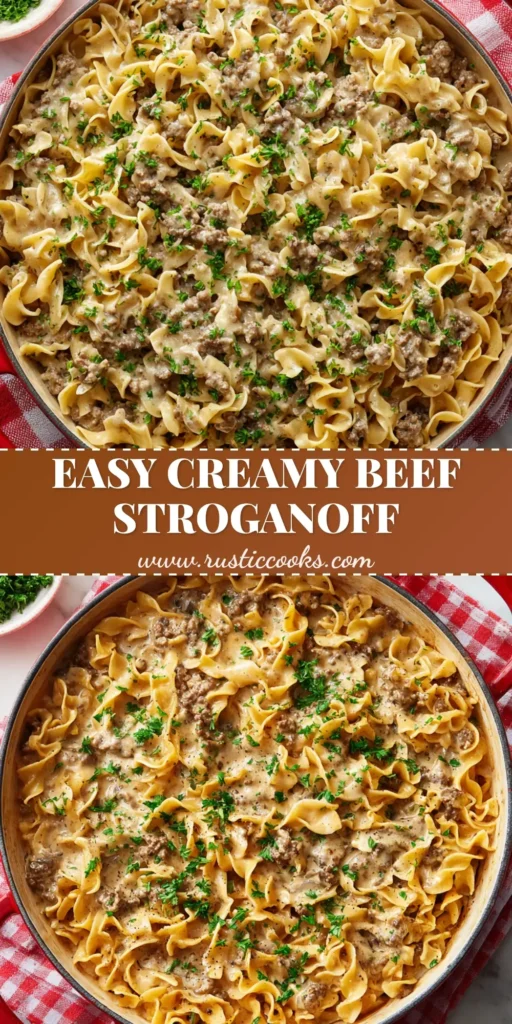 An overhead view of Ground Beef Stroganoff in a large red cast iron skillet, featuring thick curly egg noodles, crumbled beef, rich light-brown cream sauce, and chopped parsley.