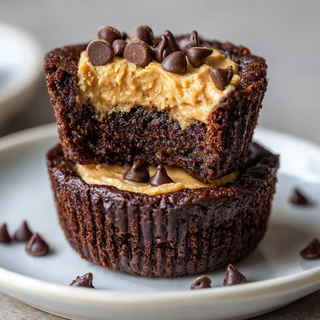 Eye-level shot of stacked Peanut Butter Brownie Cups on a white surface, revealing a rich, dark brownie interior and a thick peanut butter layer oozing down fluted sides.