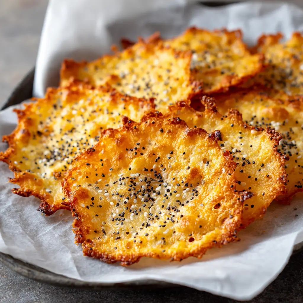 Macro view of thin, bubbly, slightly blistered cottage cheese chips resting on a dark metallic baking sheet.