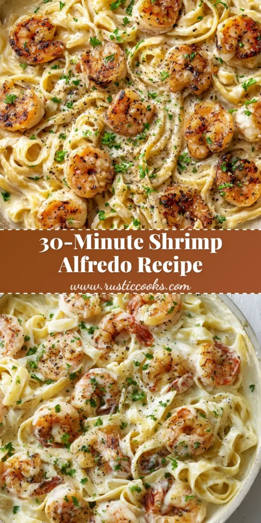 An overhead, close-up shot of Shrimp Fettuccine Alfredo served in a shallow pan on a white wood surface, featuring thick cream sauce, wide noodles, and charred shrimp garnished with parsley and pepper.
