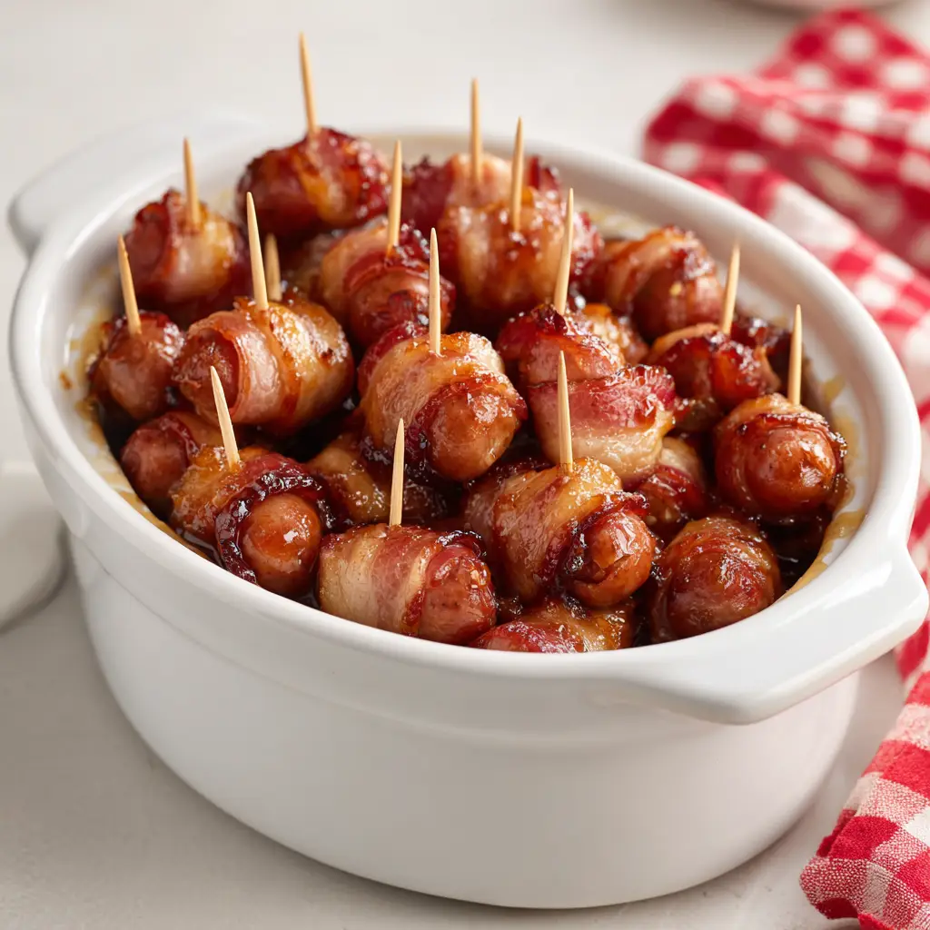 Close-up of Bacon Wrapped Smokies showing soft and slightly crisped textures with browned edges, sitting on a neutral white surface with a red and white checkered fabric.