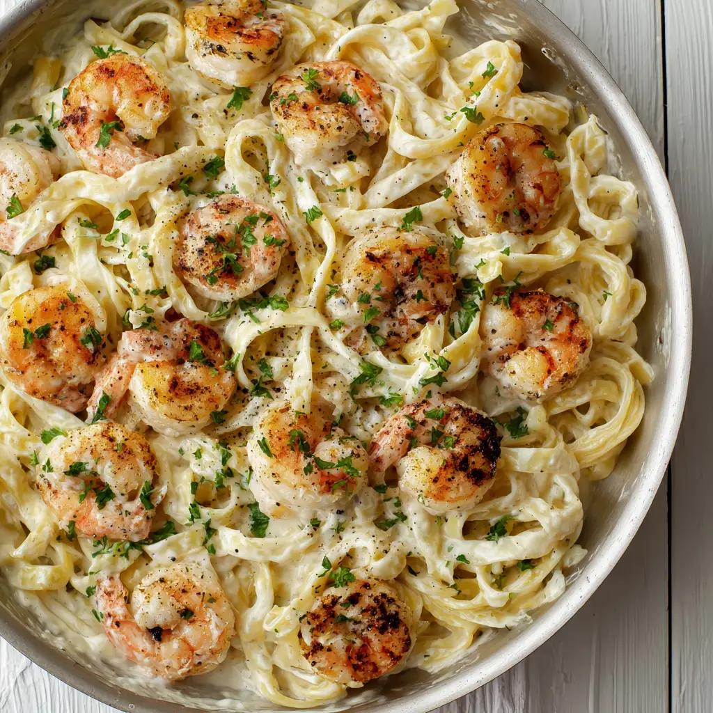 Close-up of pink and white shrimp showing distinct dark char marks nestled in creamy fettuccine Alfredo.