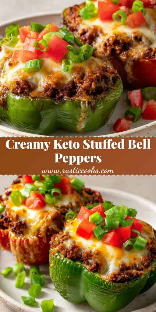Two vibrant green and red Keto Stuffed Bell Peppers with blistered edges, a creamy beef filling, and golden bubbly melted mozzarella and cheddar, garnished with tomatoes and green onions.