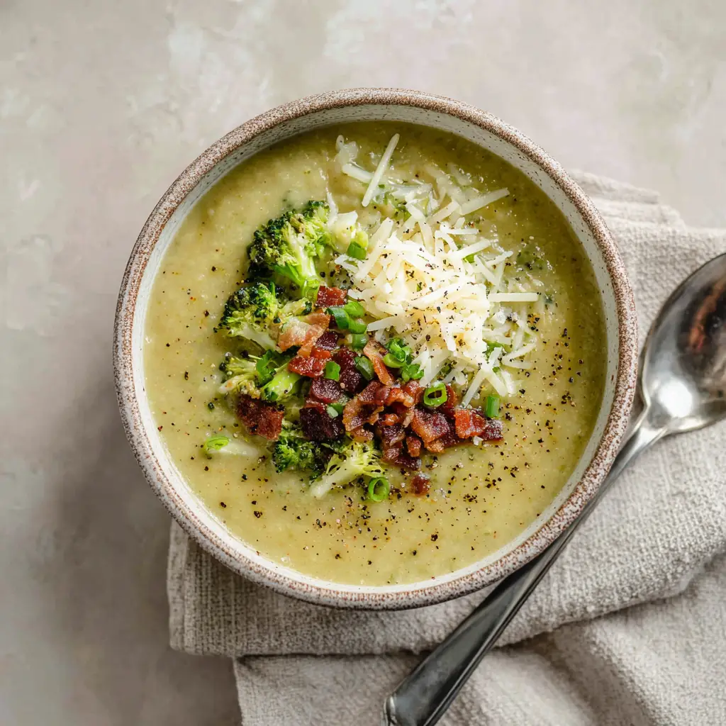 Overhead view of pale green Dairy-Free Potato and Broccoli Soup garnished with bacon bits, chopped scallions, and black pepper.