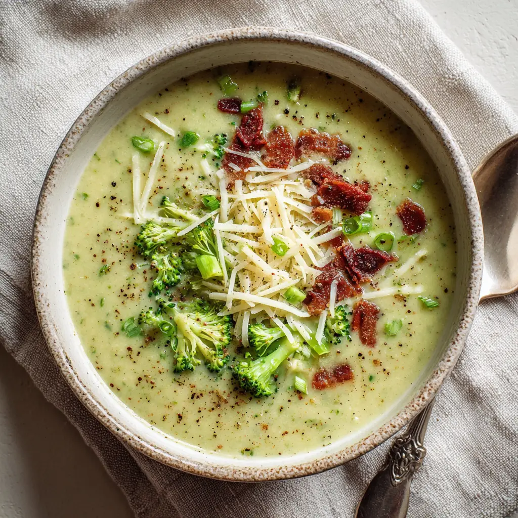 Close-up of shredded white dairy-free cheese melting into hot, thick potato and broccoli soup next to a silver spoon.