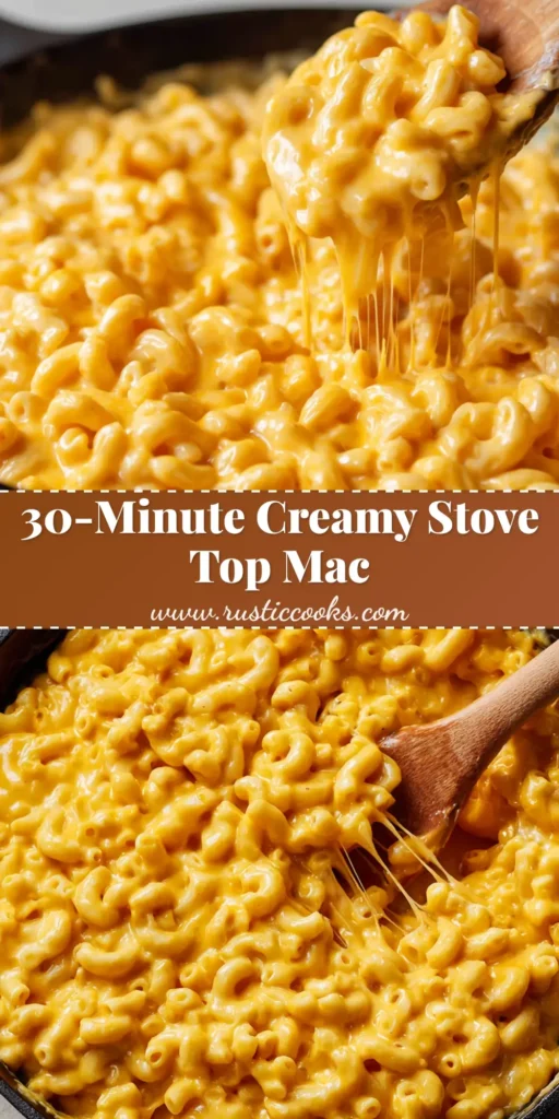 A close-up, top-down view of creamy Stove Top Mac and Cheese in a black cast iron skillet, featuring bright orange cheddar cheese sauce with a glossy sheen.