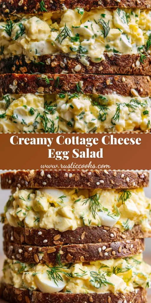 A thick Cottage Cheese Egg Salad sandwich spilling from the sides of rustic dark whole grain bread covered in seeds.