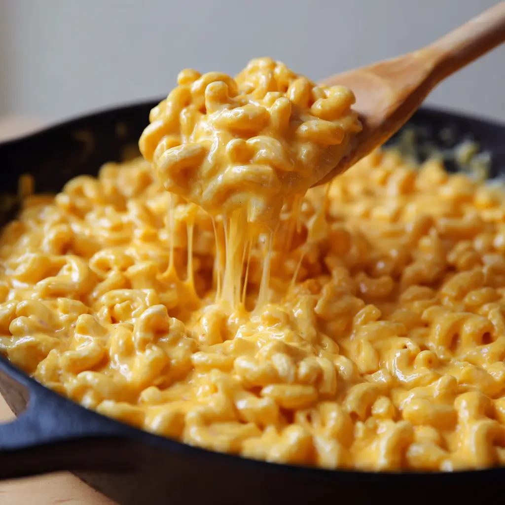 Thick, gooey puddles of melted orange cheddar cheese coating cooked elbow macaroni in a cast iron skillet. (Stove Top Mac and Cheese)
