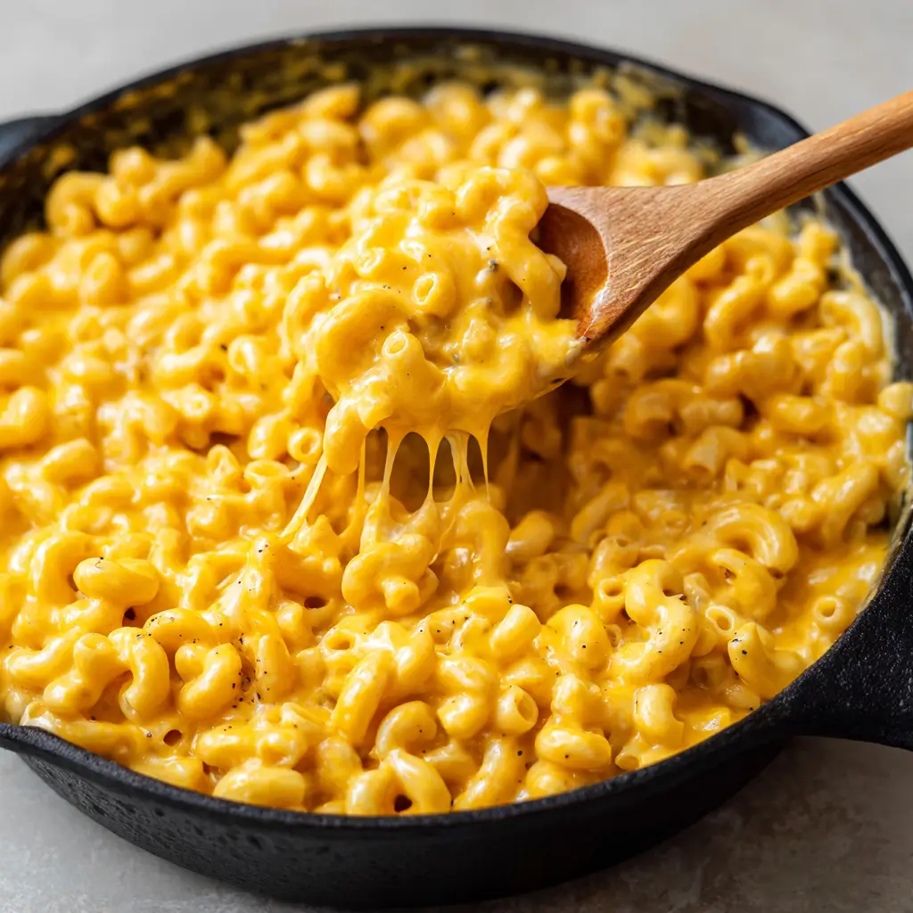 A light wooden spoon lifting a scoop of creamy macaroni to reveal gooey strings of stretching cheese. (Stove Top Mac and Cheese)