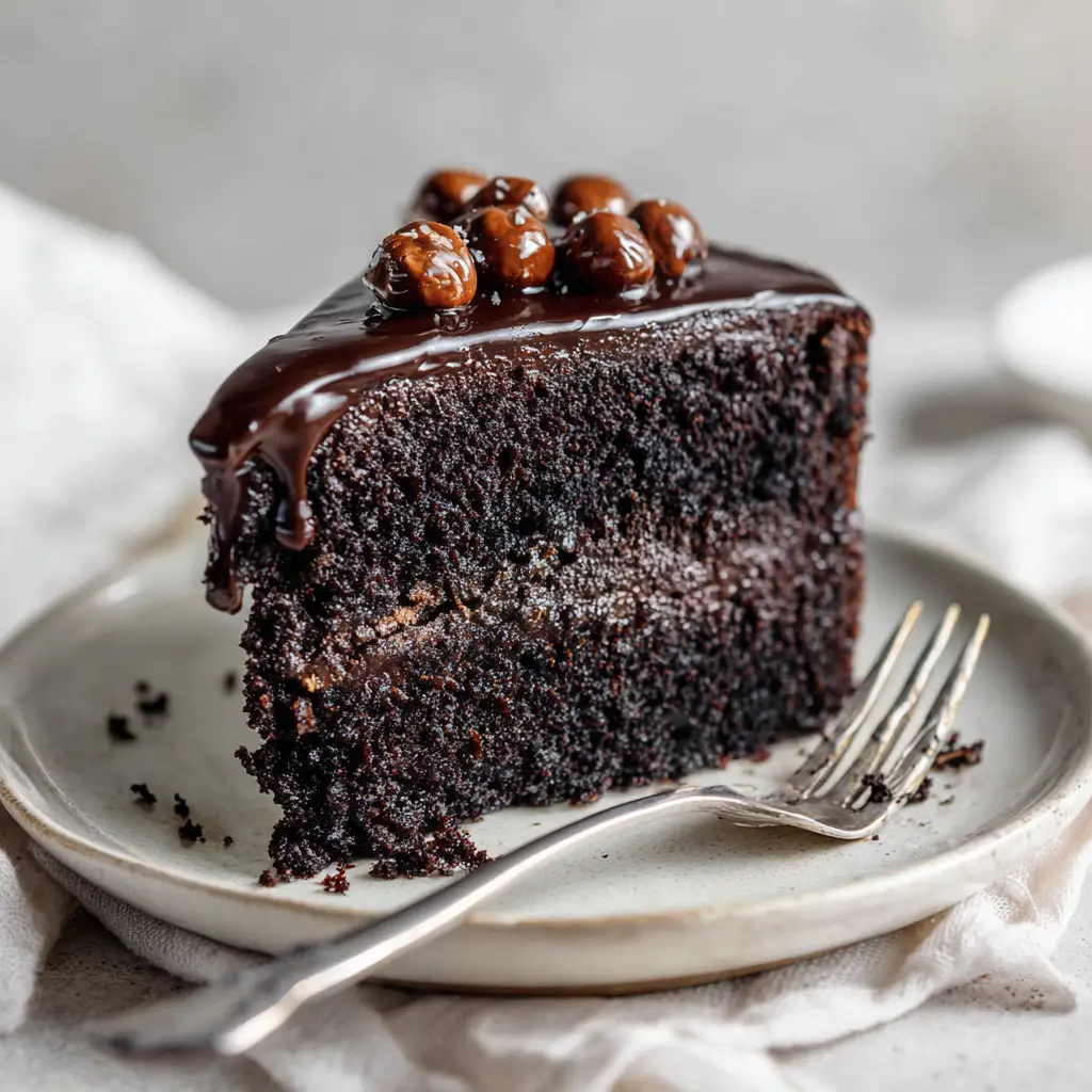 Side profile of the Healthy Chocolate Cake Recipe showing the thick, smooth dark chocolate frosting between moist open crumb sponge layers.