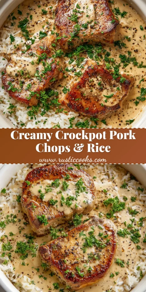 Overhead view of creamy Crockpot Pork Chops and Rice in a white ceramic insert, featuring seared golden-brown thick-cut pork chops nestled in cooked long-grain white rice, covered in a thick beige gravy speckled with coarse black pepper and coarsely chopped fresh parsley.