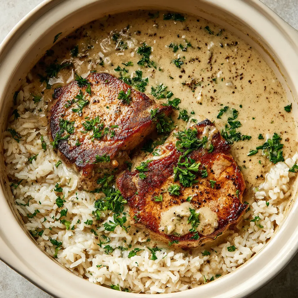 Two thick, seared golden-brown pork chops resting in a bed of white long-grain rice inside a slow cooker, topped with thick beige gravy and fresh green parsley.