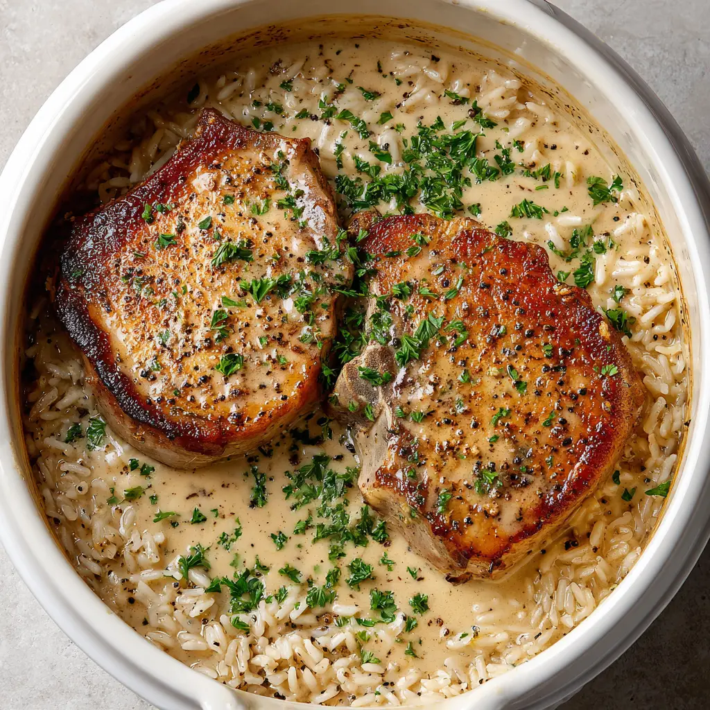 Close up overhead shot of creamy beige gravy speckled with coarse black pepper covering pork chops and rice, garnished generously with coarsely chopped fresh green parsley.