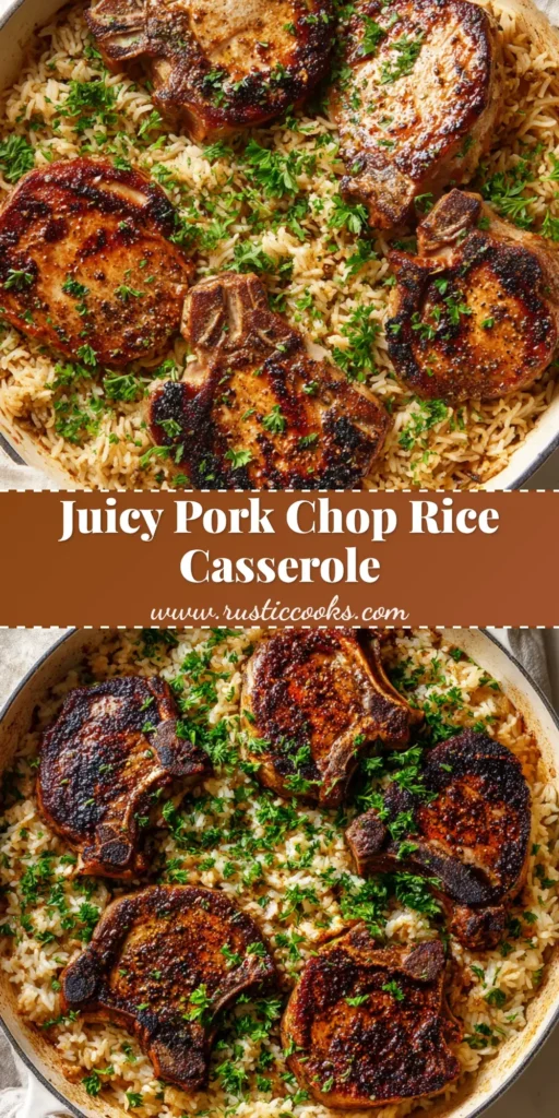 Overhead close-up of a hearty Pork Chop and Rice Casserole in a white enamel cast iron skillet with charred thick bone-in chops over fluffy white rice.