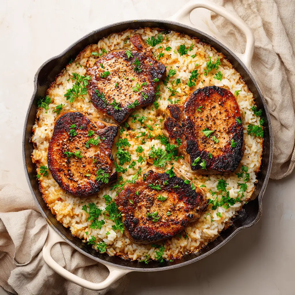 Five glistening, deep golden-brown seared pork chops nestled in savory long-grain white rice, garnished with vibrant fresh chopped parsley.