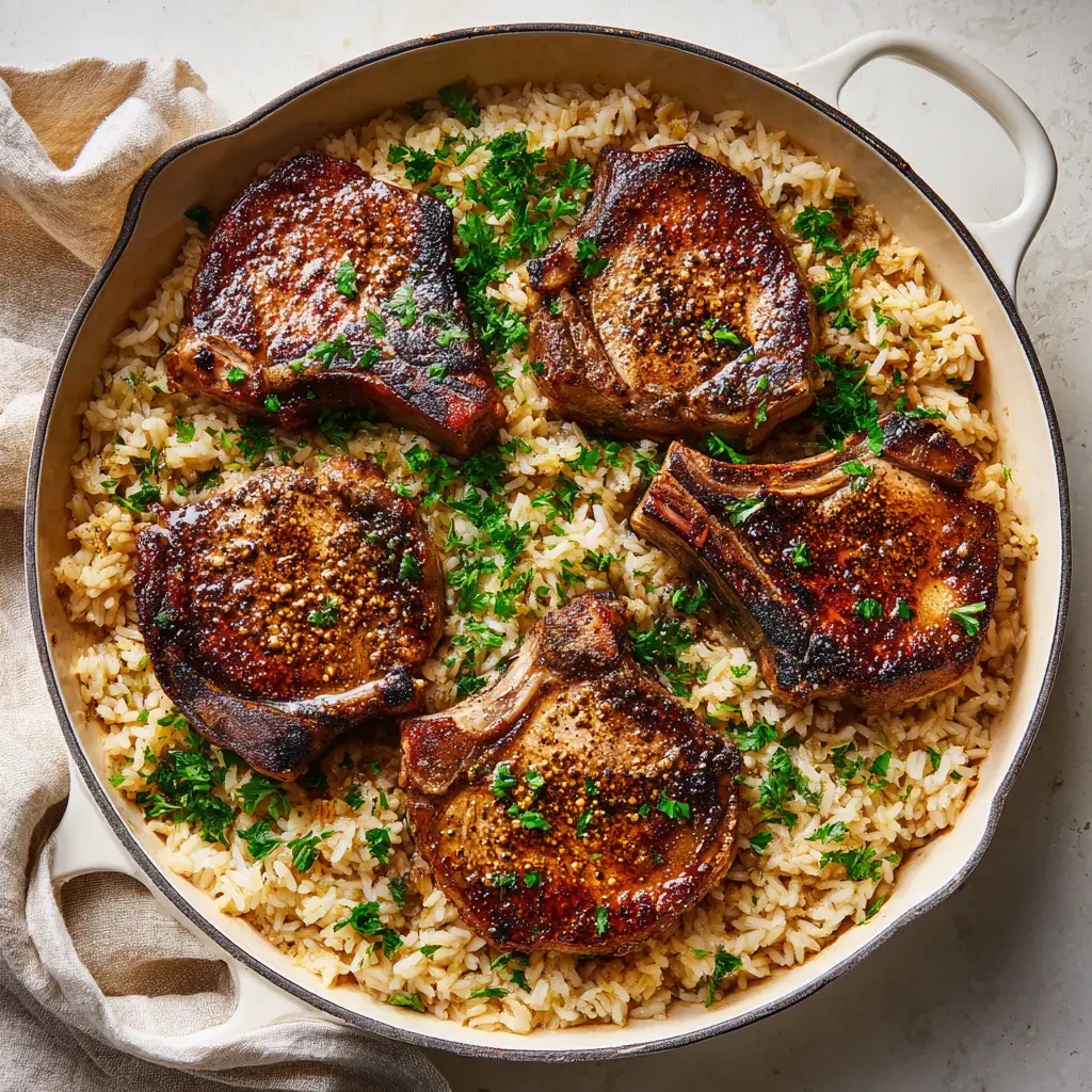 Close-up view of fluffy, savory white rice slightly browned from baking beneath dark-seasoned pork chops in a cast iron pan.