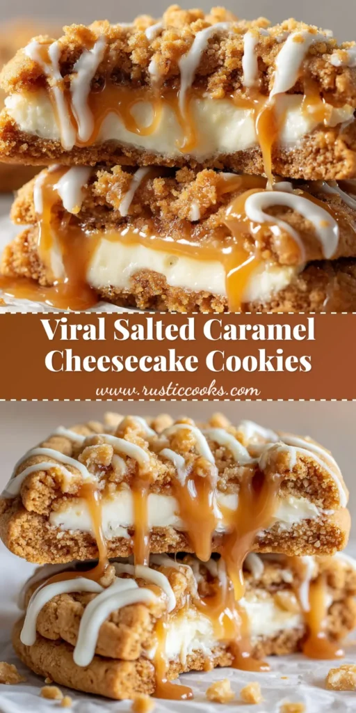 Salted Caramel Cheesecake Cookies split in half showing a gooey white cheesecake filling with caramel drizzle.