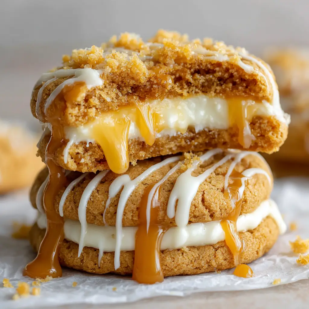 Close up of a thick golden-brown cookie stuffed with creamy white cheesecake filling and topped with caramel and golden crumbs.