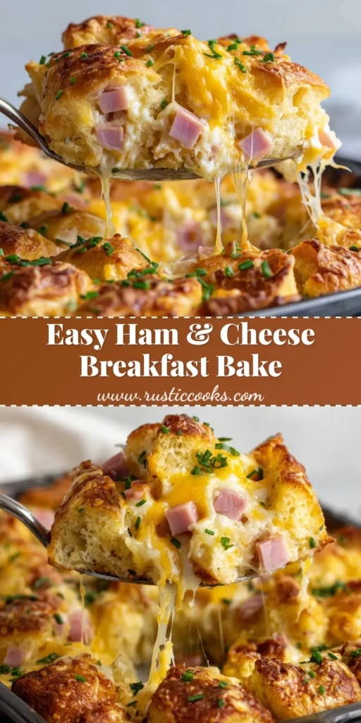 A close-up view of a freshly baked Crescent Roll Breakfast Bake being served, showing fluffy golden-brown pastry, pink ham cubes, and melted yellow cheddar cheese topped with green chives.