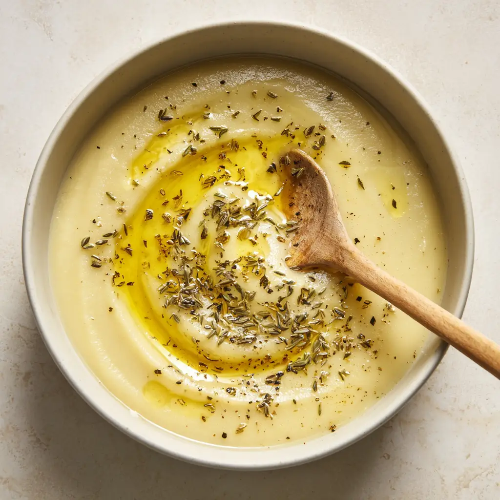 Close-up of thick, pale yellow Potato Leek Soup featuring a glistening swirl of olive oil and a wooden spoon creating a slight ripple.