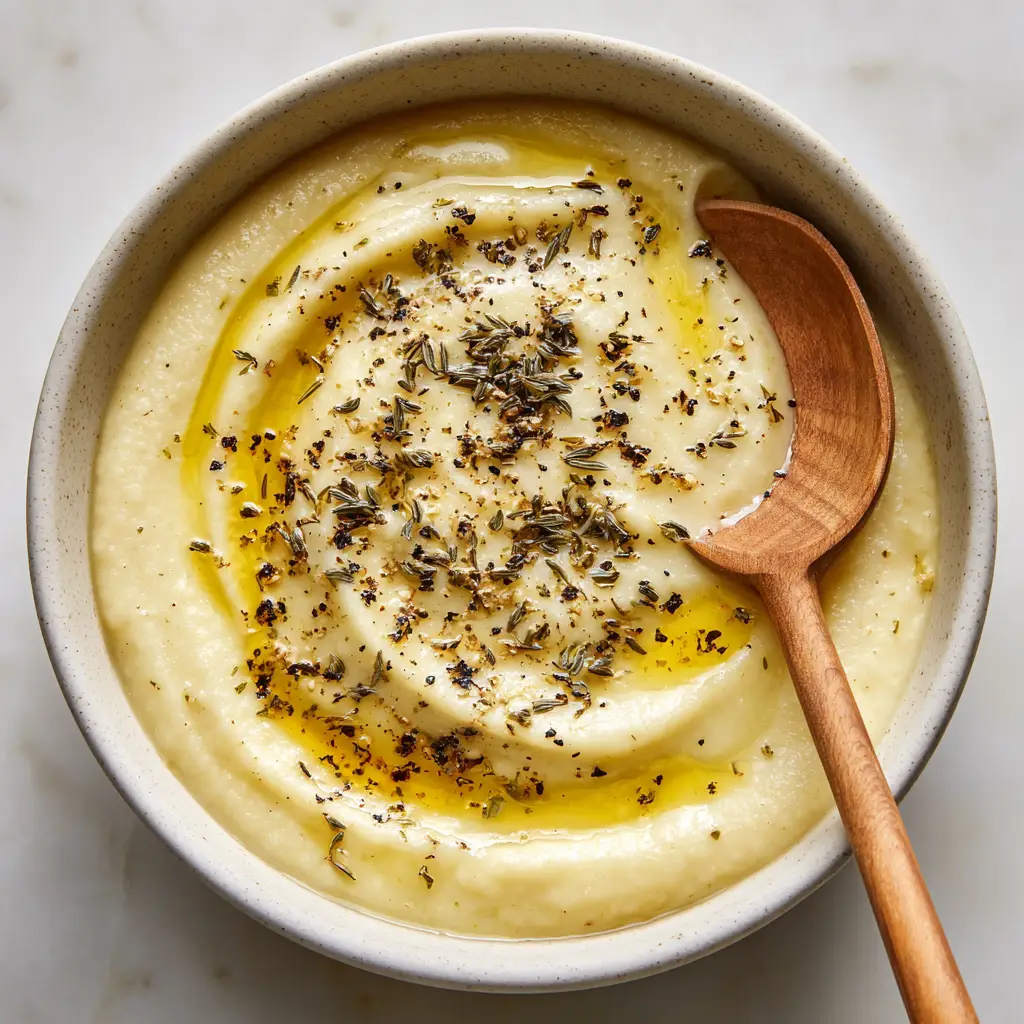 Overhead shot of creamy potato and leek soup in a simple white bowl, dusted with fine dark dried thyme and cracked black pepper.