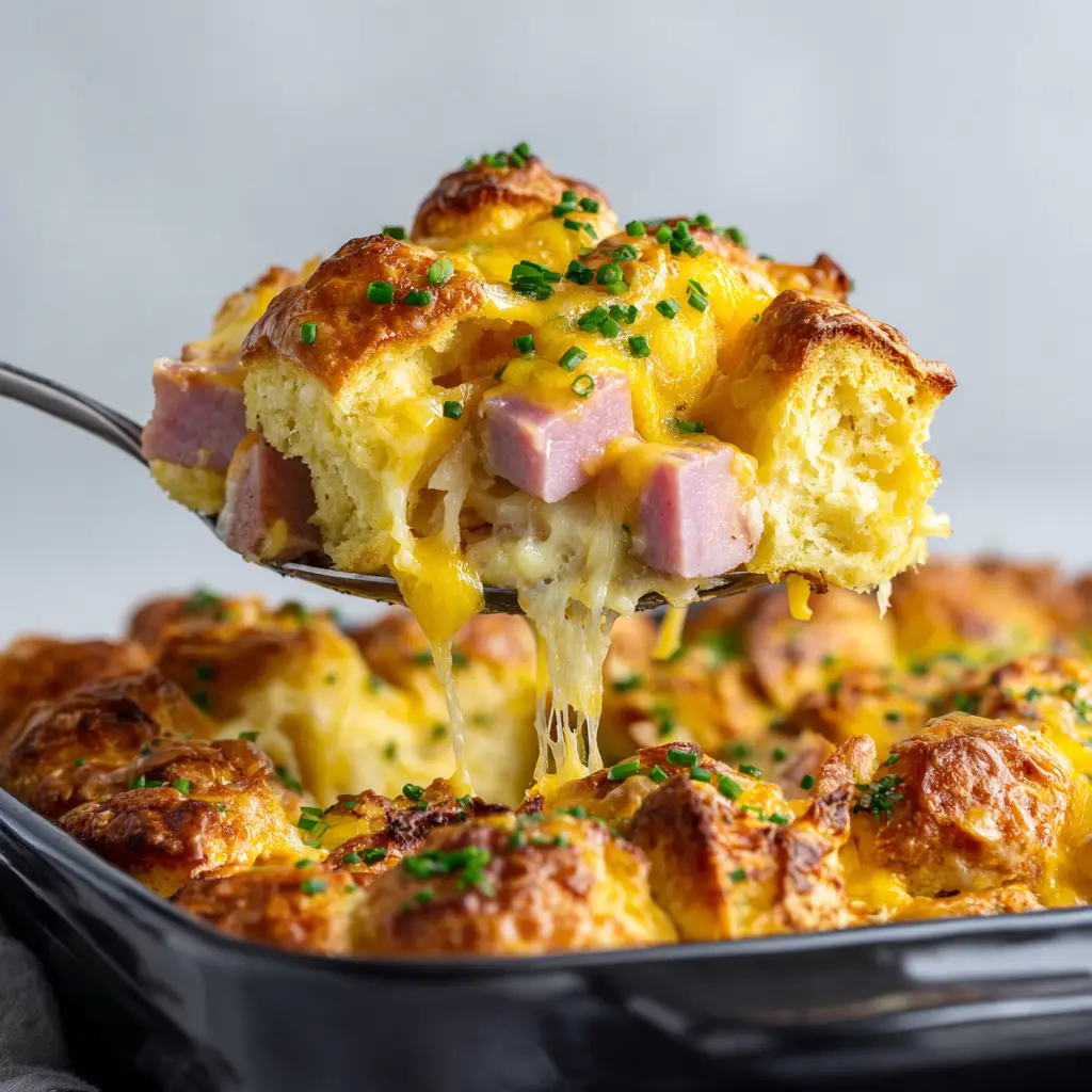 Eye-level shot of a single serving of a Crescent Roll Breakfast Bake lifted from a black baking dish with a silver serving spoon, revealing melted cheddar cheese and pink ham.