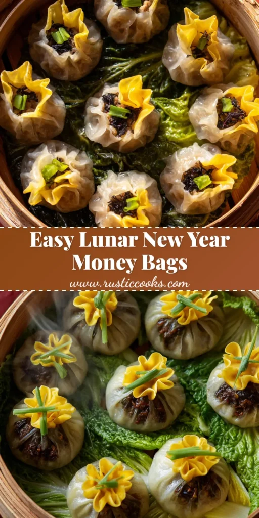 Eye-level close-up of Money Bag Dumplings steamed in a bamboo basket on wilted cabbage leaves.