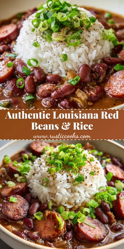 A rustic bowl of authentic Louisiana red beans and rice, featuring a mound of fluffy steamed long-grain white rice, thickly ladled dark reddish-brown kidney bean stew, and diagonal-cut seared Andouille sausage.
