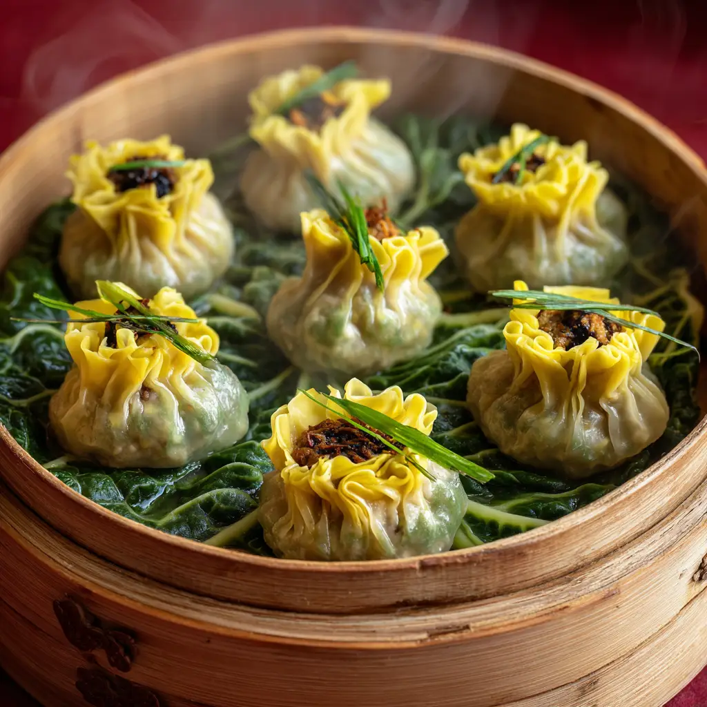 A close-up of a perfectly cinched Money Bag Dumpling showing a translucent base and yellow ruffled top tied with a green scallion.