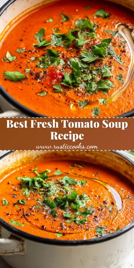 A rustic white enamel cooking pot with a black rim, filled to the brim with a thick, vibrant orange-red homemade tomato soup, garnished with a swirl of olive oil, coarse black pepper, and fresh parsley.