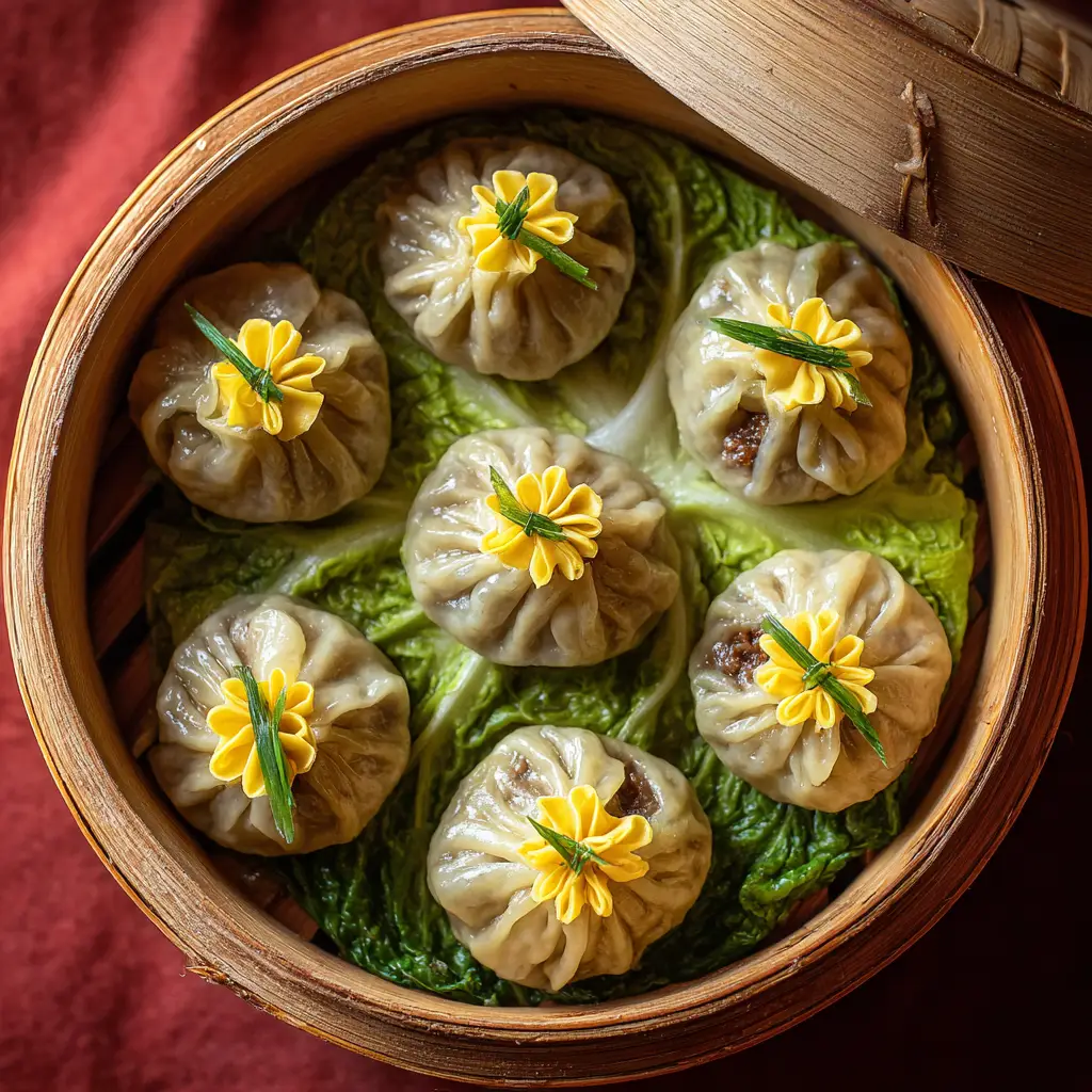 Steamed pork and shiitake money bag dumplings arranged in a circular pattern inside a traditional bamboo steamer basket.