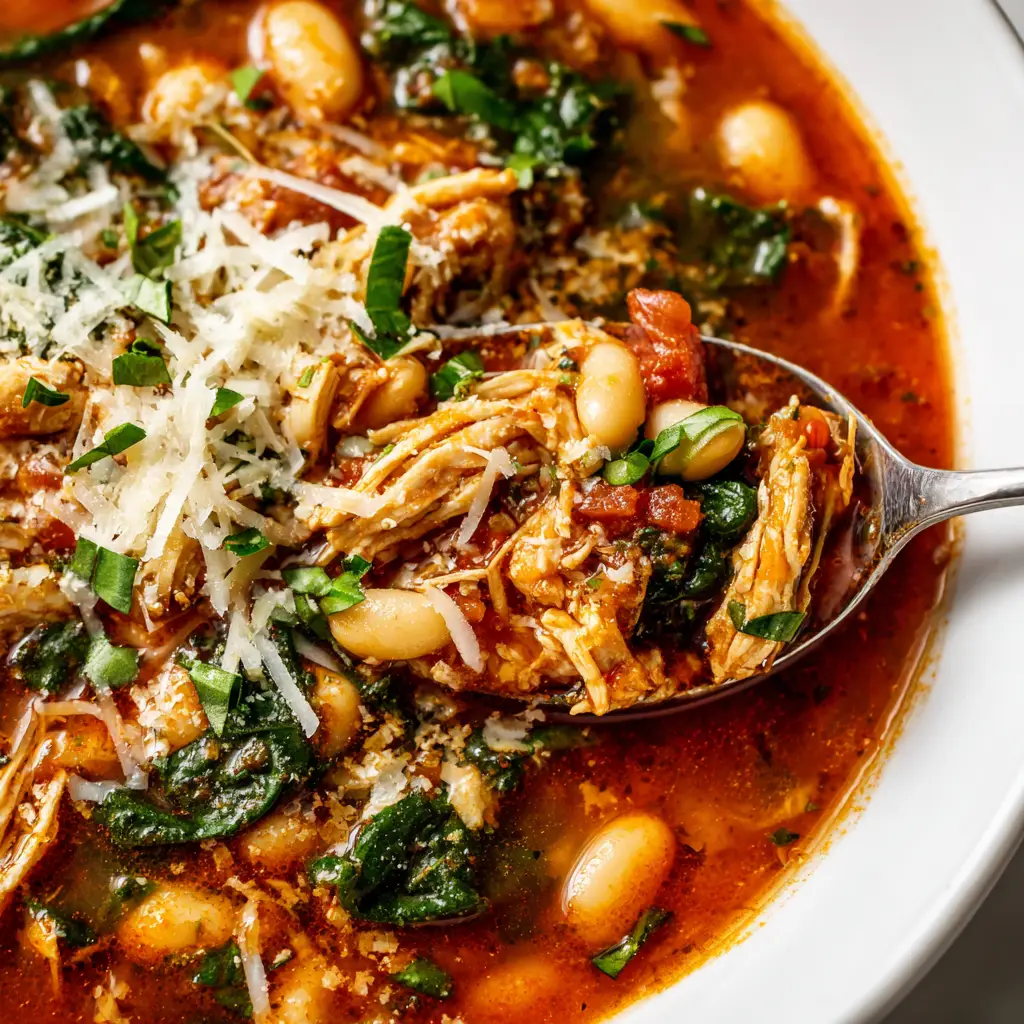 Silver spoon lifting a scoop of Chicken Parmesan Soup revealing shredded chicken, small white beans, and chopped spinach in a vibrant thick tomato broth.