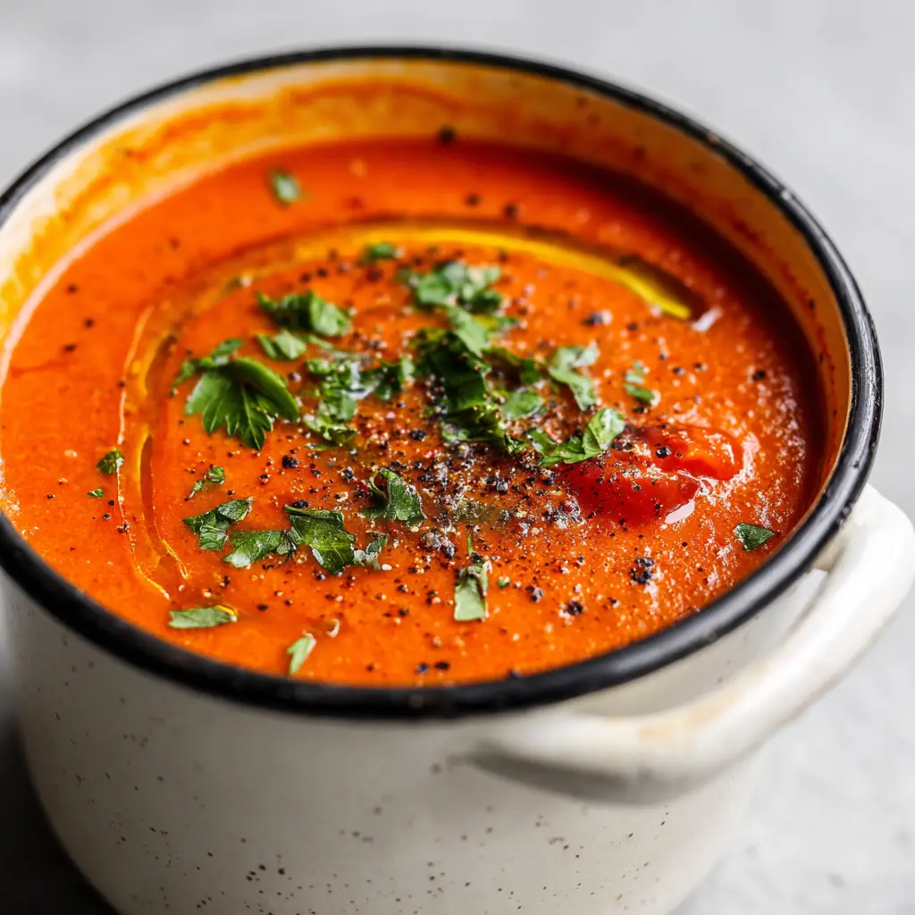 Close up top-down angle of vibrant orange-red homemade tomato soup showing soft chunks of cooked tomato and coarse black pepper.