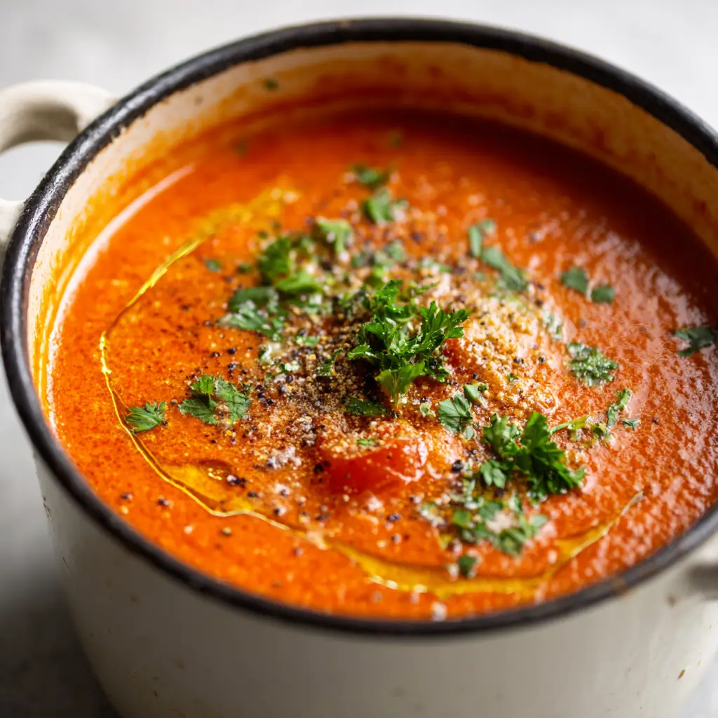 Handheld smartphone style photo of a rustic white cooking pot filled with homemade tomato soup with golden olive oil drizzle in soft natural daylight.