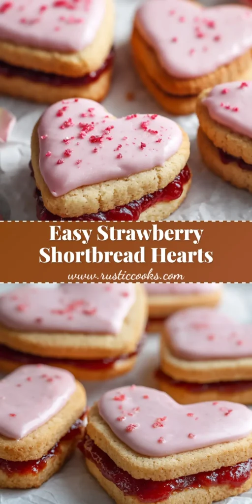 A close-up shot of beautiful heart-shaped Strawberry Shortbread Cookies filled with thick jam and topped with pink icing.