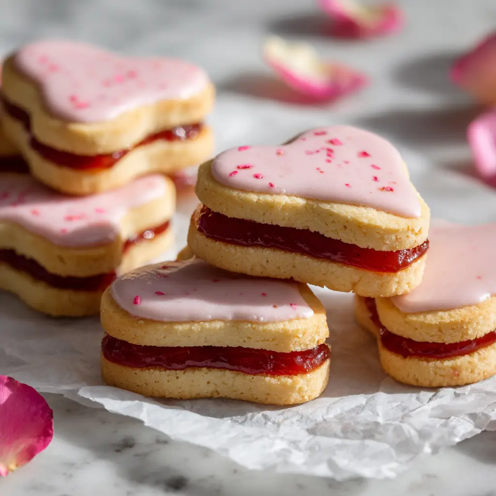 Macro shot of several heart-shaped shortbread sandwich cookies arranged casually on white crumpled baking parchment with soft natural lighting.